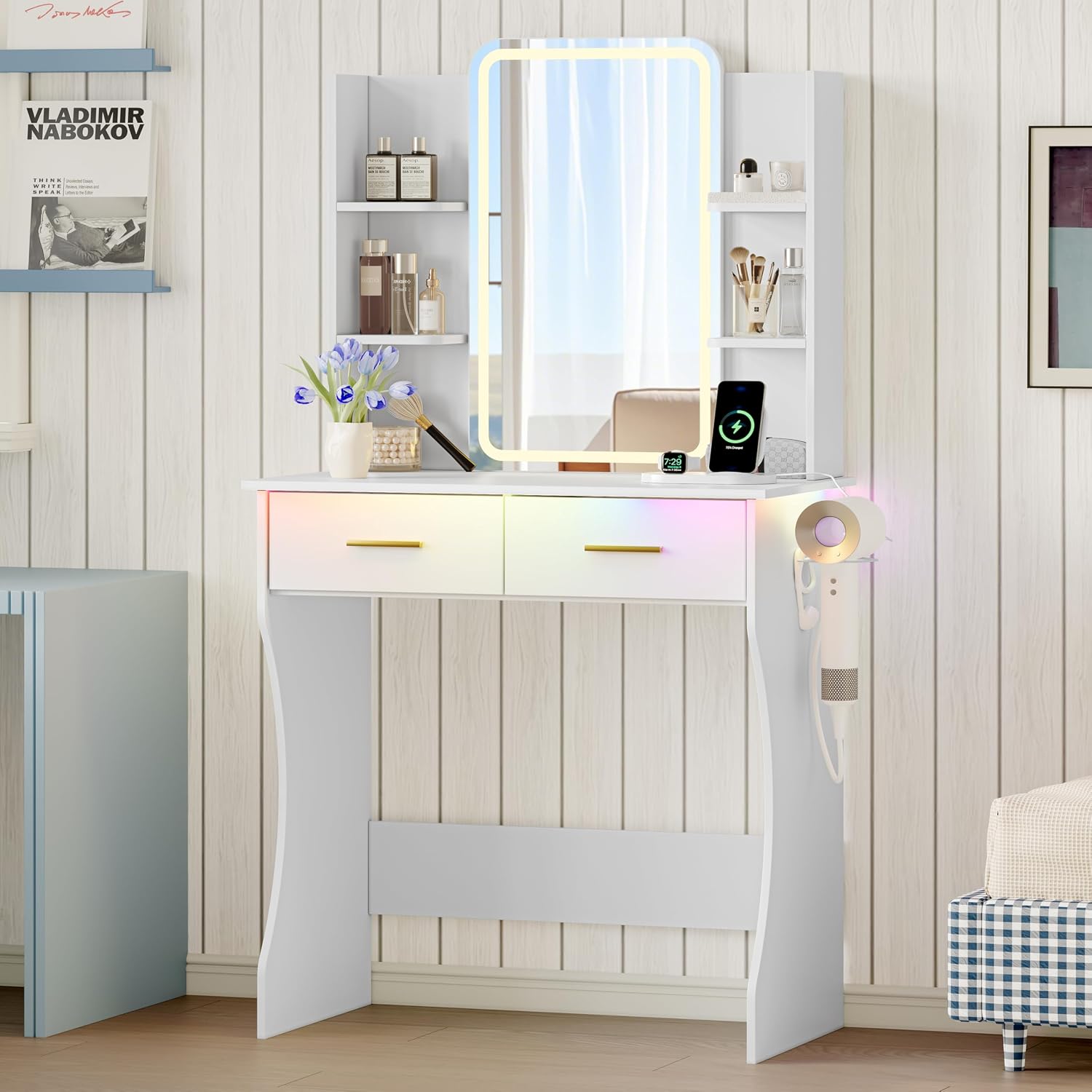 Xixini Vanity Desk with LED Lights Mirror & Power Outlet, Small Makeup Vanity Table Set with Storage Drawers, 3 Lighting Modes & Adjustable Brightness, Dressing Table for Women Girls Bedroom, White