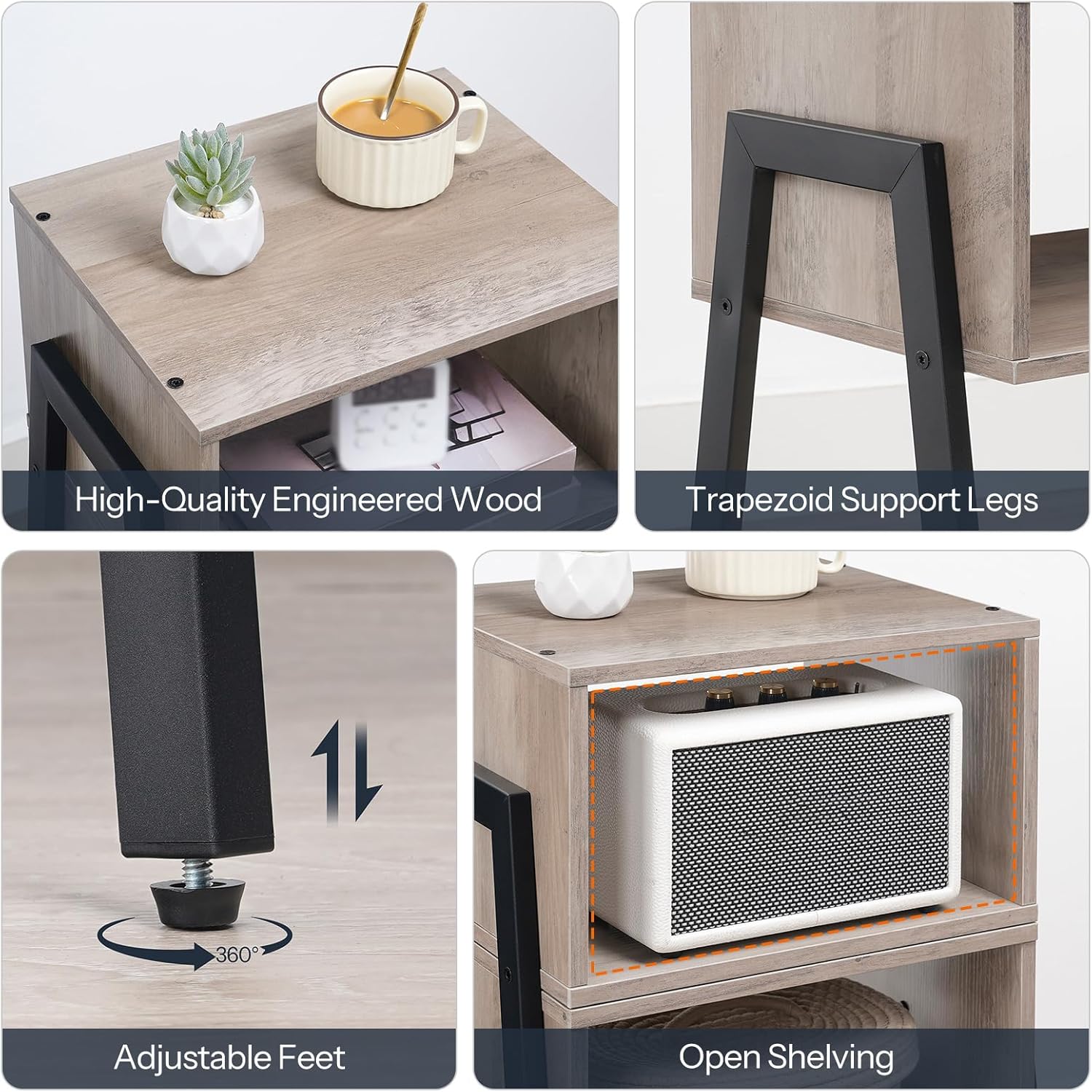 HOOBRO Small Nightstands Set of 2, Stackable End Tables, Side Tables, Bedside Tables with Open Storage Shelf, for Small Spaces, Bedroom, Living Room, Greige and Black BG38BZP201