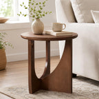100% Solid Wood Round Side Table, 19.7'' Walnut Brown Small End Table, Sofa Side Table with Sculptural Curved Base, Minimalist Accent Table for Living Room, Bedroom, Reading Nook