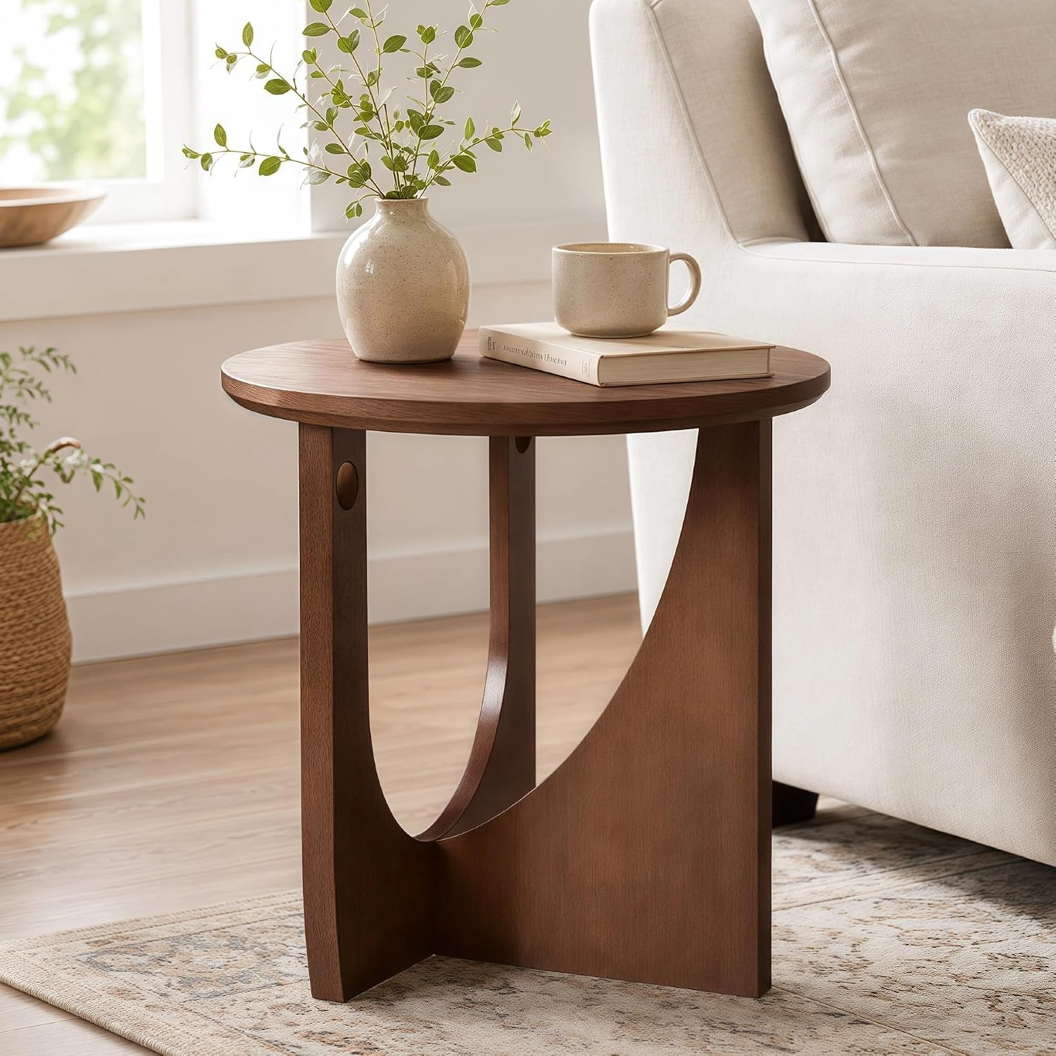 100% Solid Wood Round Side Table, 19.7'' Walnut Brown Small End Table, Sofa Side Table with Sculptural Curved Base, Minimalist Accent Table for Living Room, Bedroom, Reading Nook