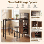 Giantex 3 Pieces Bar Table and Stools Set, Bistro Table Set with Glass Holder, 2 Tier Wine Rack & Storage Shelves, Kitchen Counter Table with 2 Stools for Home, Dining Room, Restaurant (Rustic Brown)