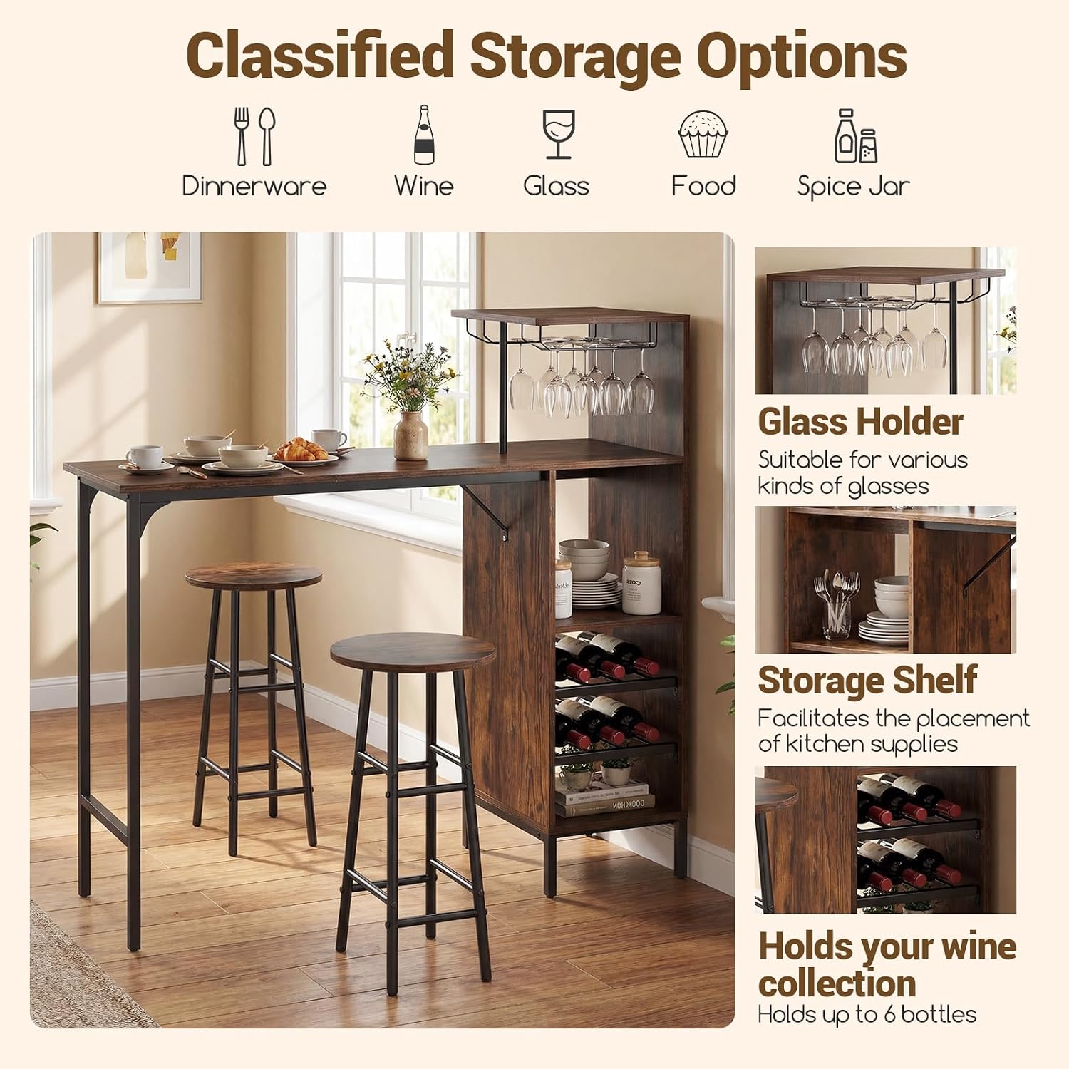 Giantex 3 Pieces Bar Table and Stools Set, Bistro Table Set with Glass Holder, 2 Tier Wine Rack & Storage Shelves, Kitchen Counter Table with 2 Stools for Home, Dining Room, Restaurant (Rustic Brown)