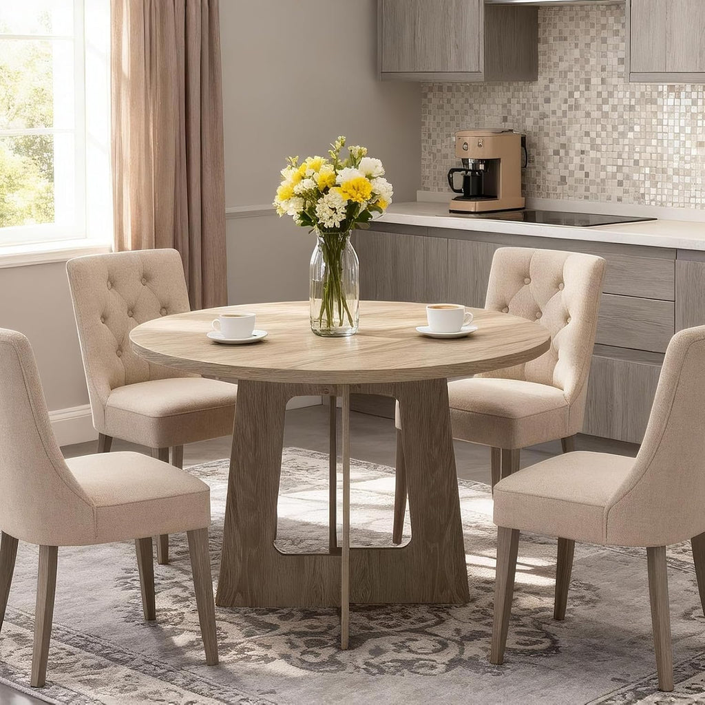 Round Dining Table for 4, 43.3'' Small Kitchen Table with Sturdy Pedestal Base, Wooden Dining Room Tables, Farmhouse Circle Dinner Tables for Living Room, Small Spaces, Space Saving, Natural Wood