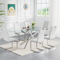 Modern Glass Dining Table Set for 6, 60" Glass Kitchen Table and Chairs Set of 6, Dining Room Table Set for 6 with Pu Leather Chairs, 7 Piece Dining Table Set for Small Space Apartment, White & Silver