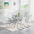 Modern Glass Dining Table Set for 6, 60" Glass Kitchen Table and Chairs Set of 6, Dining Room Table Set for 6 with Pu Leather Chairs, 7 Piece Dining Table Set for Small Space Apartment, White & Silver