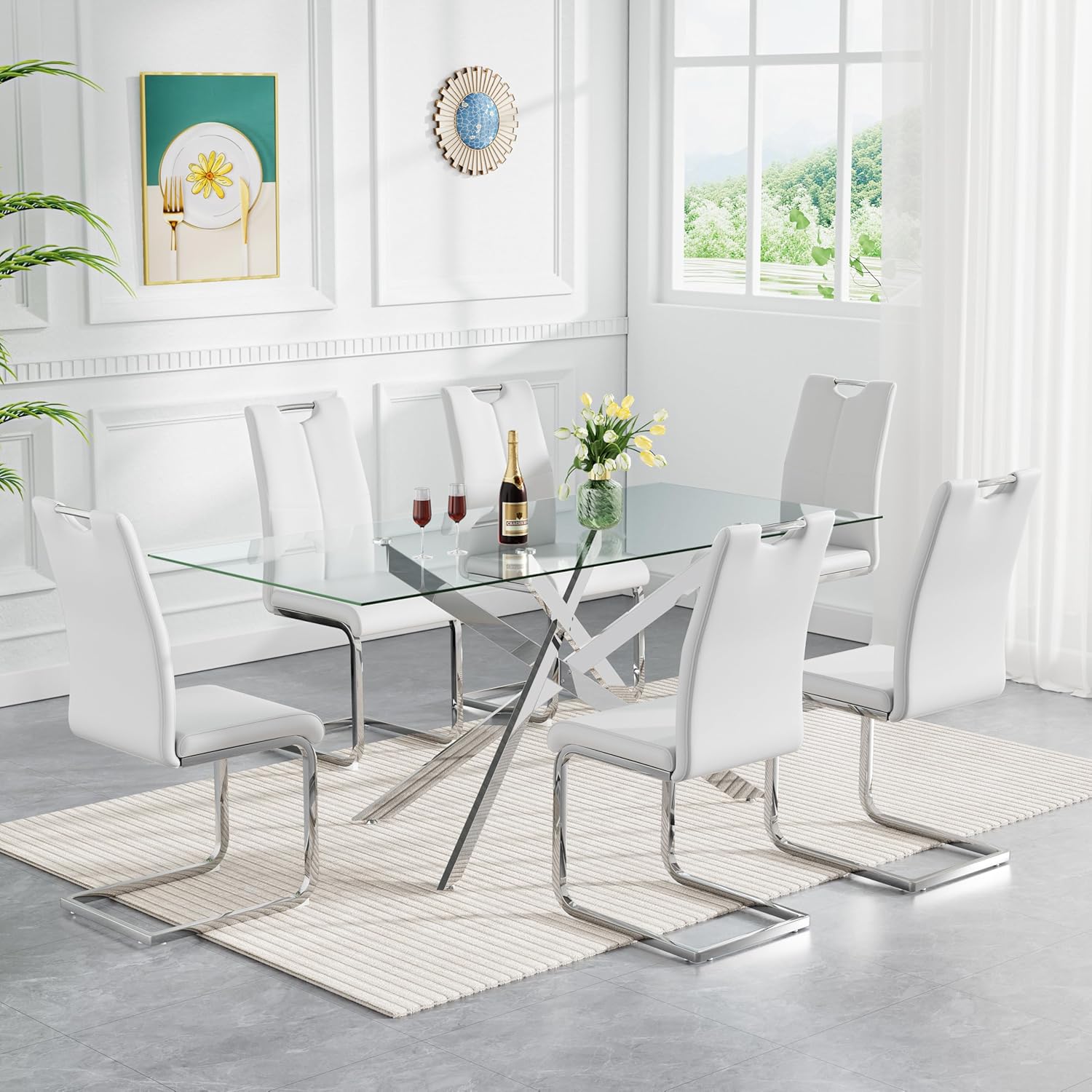 Modern Glass Dining Table Set for 6, 60" Glass Kitchen Table and Chairs Set of 6, Dining Room Table Set for 6 with Pu Leather Chairs, 7 Piece Dining Table Set for Small Space Apartment, White & Silver