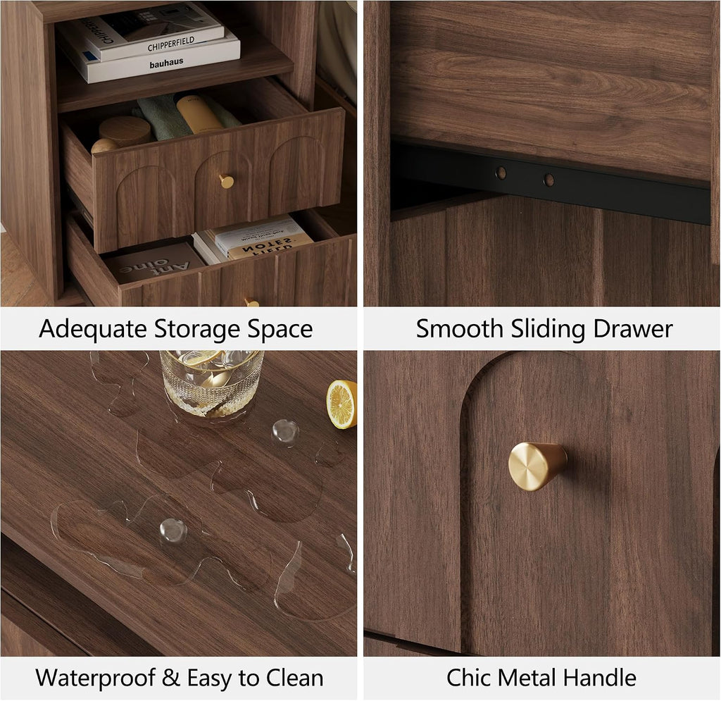 FORTUNETEC 17.7" Nightstand with Charging Station, Arched Design, Walnut