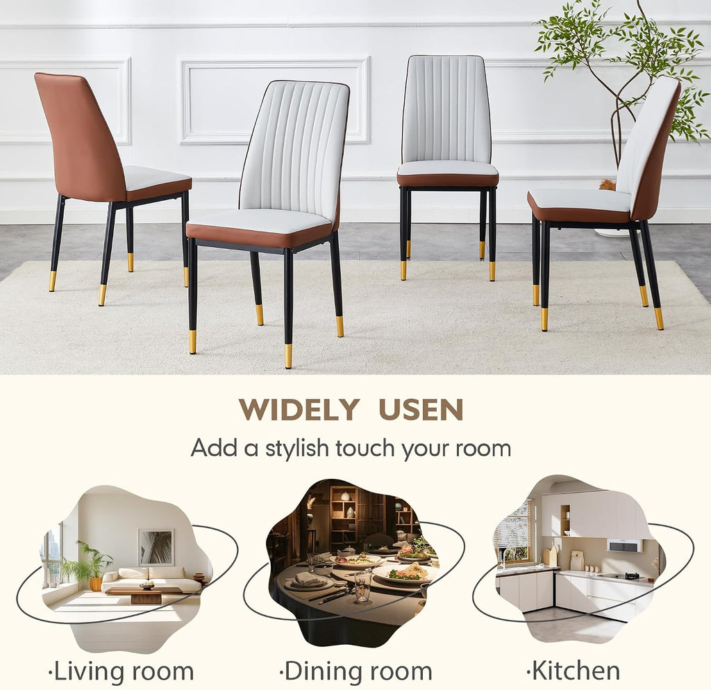 Dining Room Chairs Set of 6, Leather Two-Tone Leather Upholstery Kitchen Chairs with High Back, Vertical Channel Stitching, Powder-Coated Black Metal Legs for Dining Room, Kitchen, Living Room