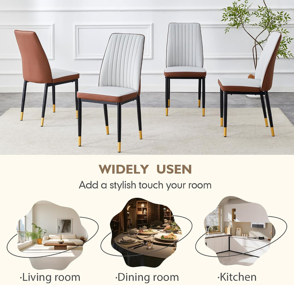 Upholstered Dining Chairs Set of 6, Mid-Century Modern Leather Dining Room Chair with Metal Legs & Padded Seat, Stylish Elegant Living Room Accent Chair (Brown-Grey, Set of 6)