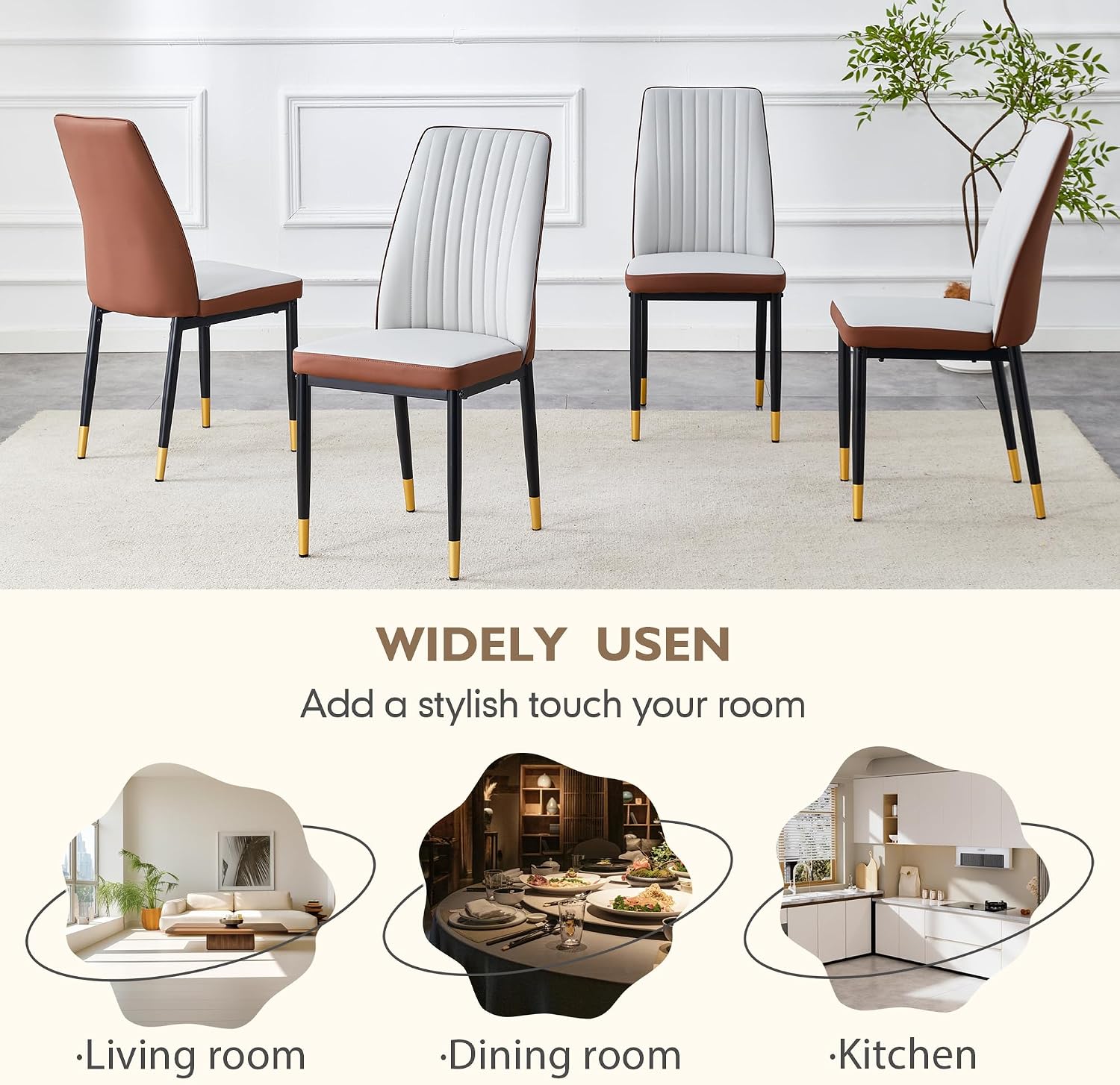 Upholstered Dining Chairs Set of 6, Mid-Century Modern Leather Dining Room Chair with Metal Legs & Padded Seat, Stylish Elegant Living Room Accent Chair (Brown-Grey, Set of 6)