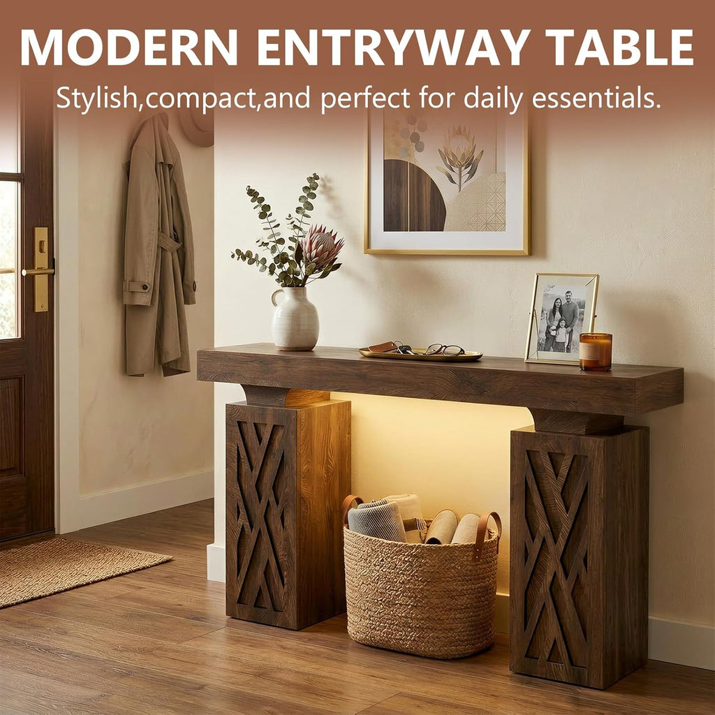 63-Inch Modern Console Table with LED & Outlet, Farmhouse Entryway Table with Geometric Base, Solid Wood-Grain Sofa Table Behind Couch, Narrow Accent Table for Hallway, Cracked Oak