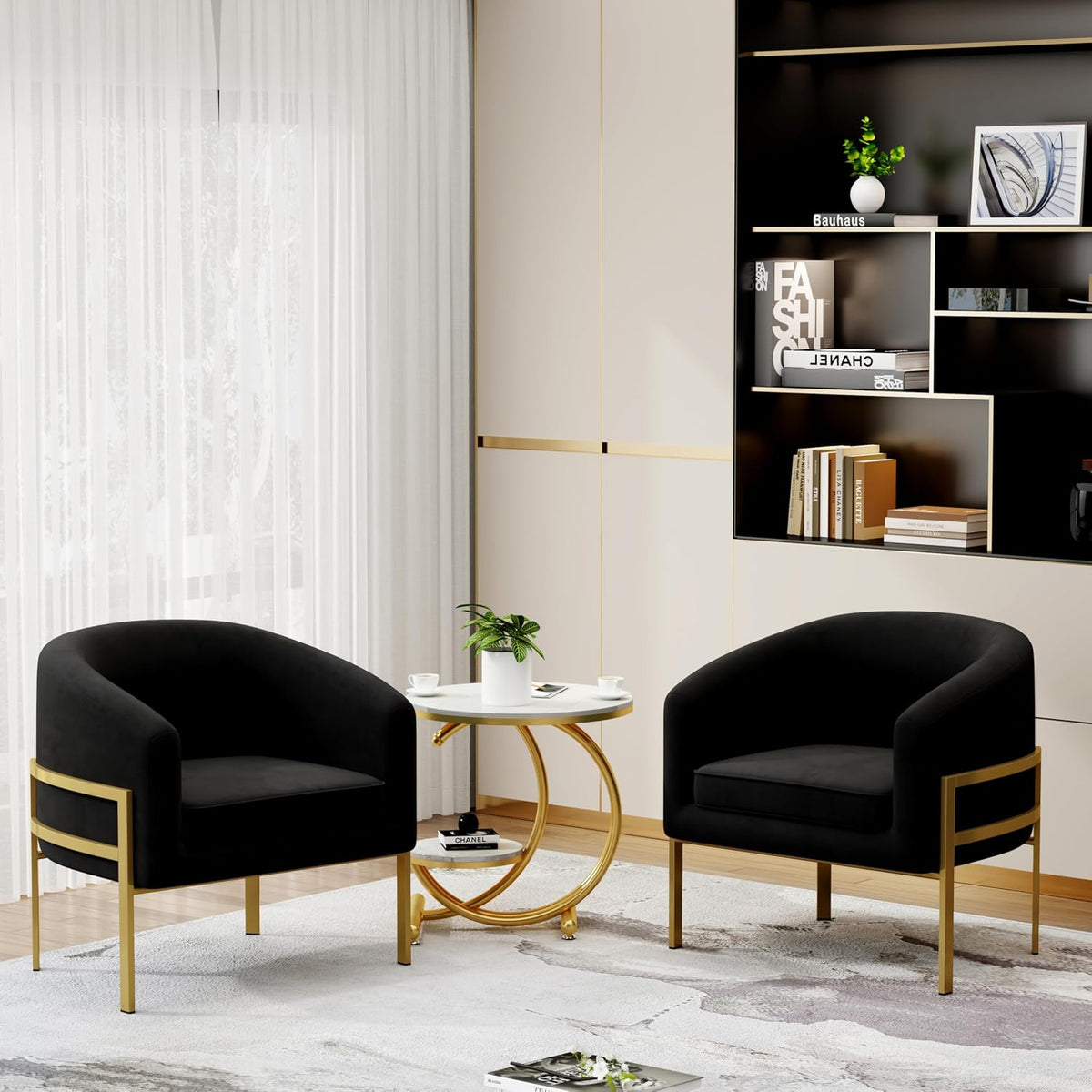 annjoe Accent Chair Barrel Chairs Upholstered Living Room Chair Arm Chairs with Metal Frame Legs for Home Kitchen Bedroom Black Set of 2