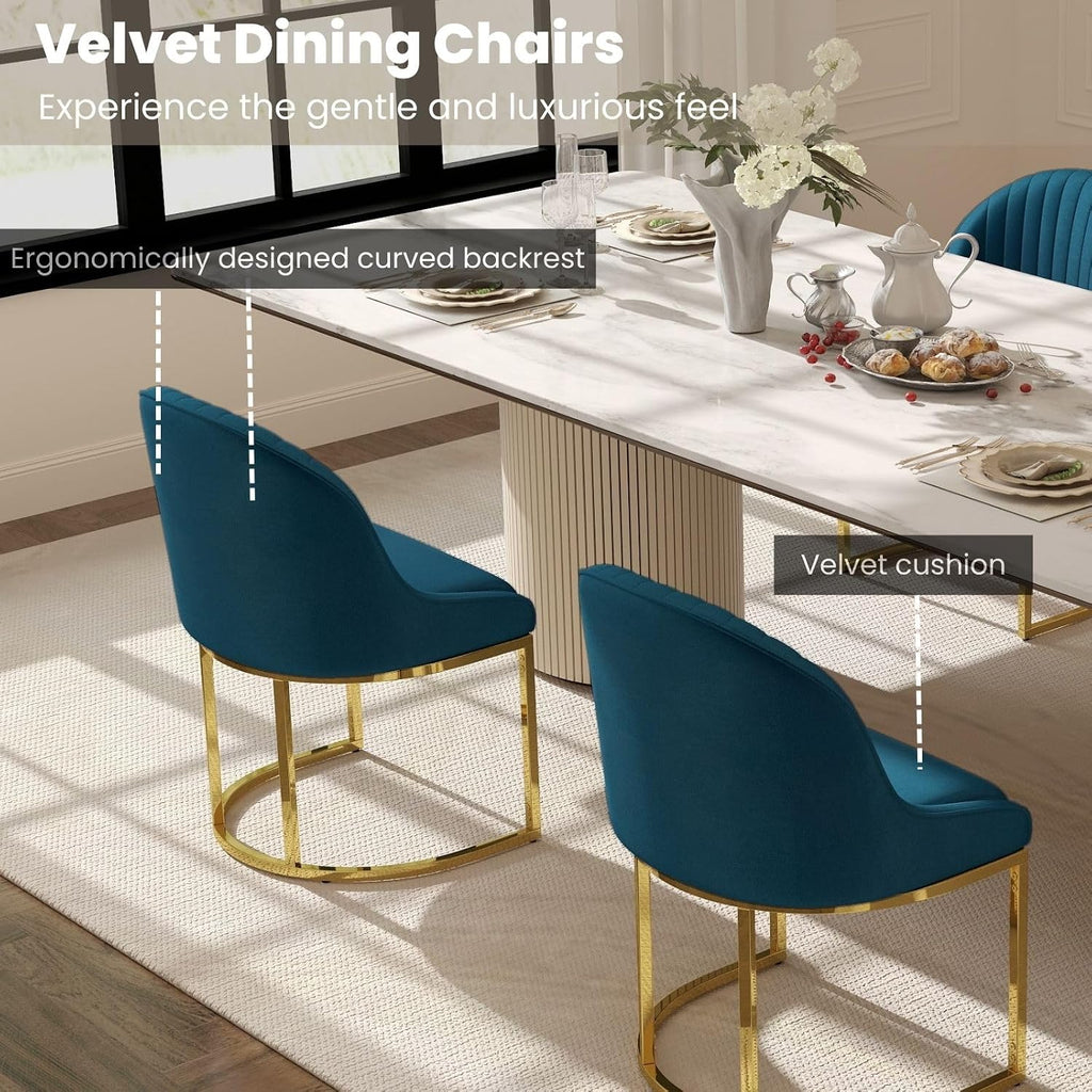 Velvet Dining Chairs Set of 4, Modern Dinning Room Chairs with Golden Metal Frame & Legs, Upholstered Kitchen Chair Armless Accent Side Chairs for Living Room/Kitchen/Dining Room, Teal Blue