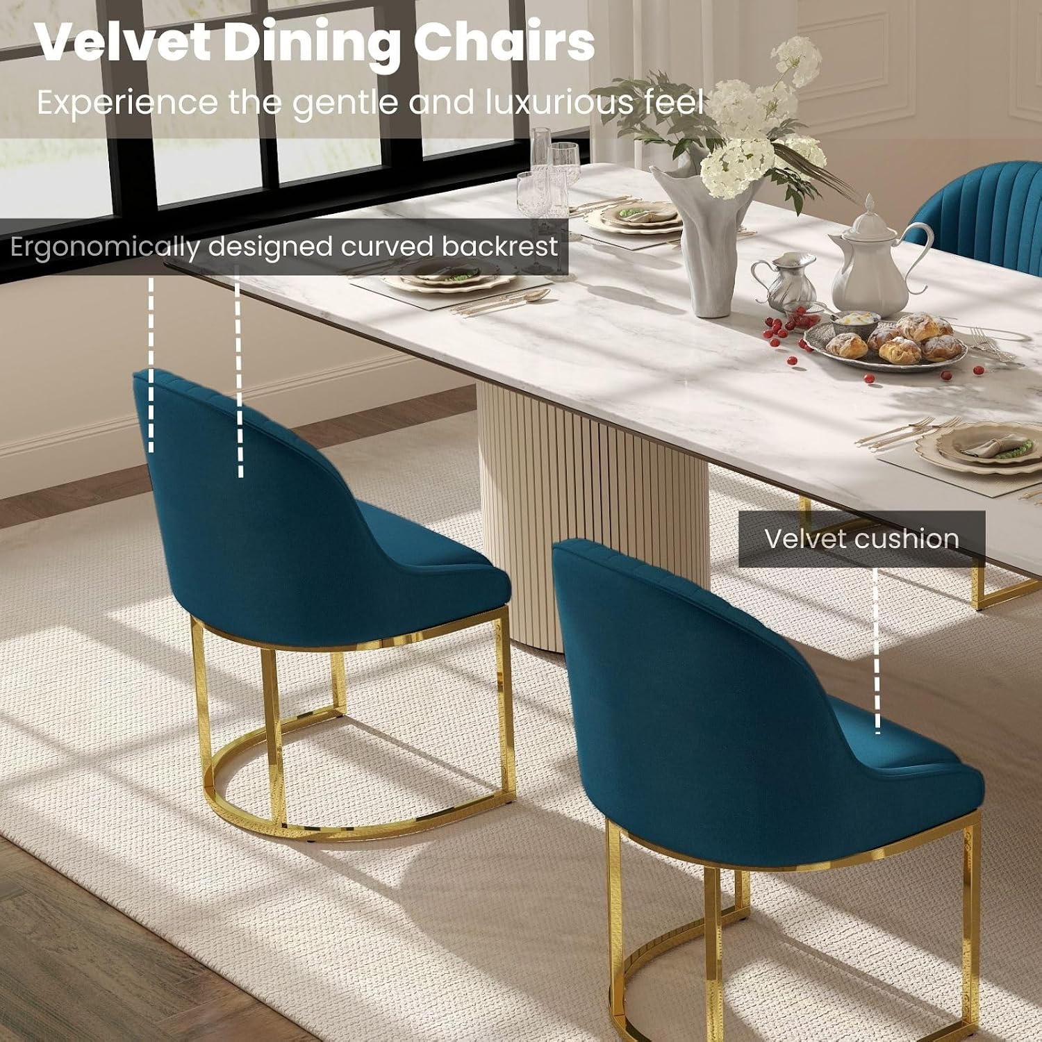 Velvet Dining Chairs Set of 4, Modern Dinning Room Chairs with Golden Metal Frame & Legs, Upholstered Kitchen Chair Armless Accent Side Chairs for Living Room/Kitchen/Dining Room, Teal Blue