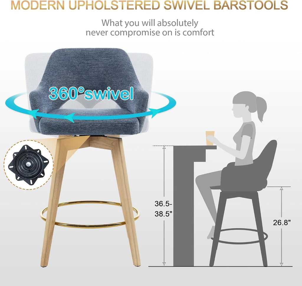 Zesthouse Swivel Counter Stools Set of 4, Wooden Counter Height Bar Stools | 26" Farmhouse Counter Stools with Back & Arm, Upholstered Linen Fabric Barstool with Solid Wood Leg, Blue Island High Chairs