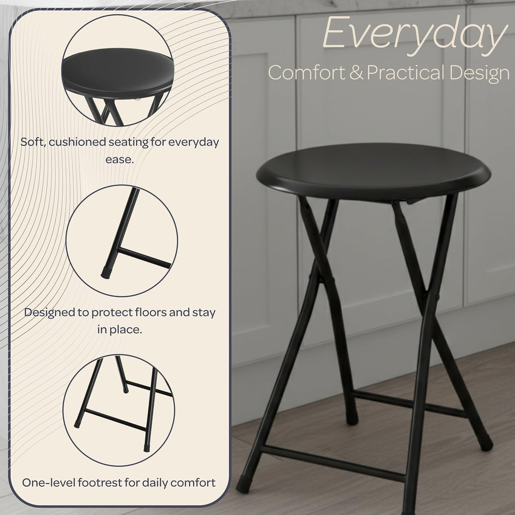 Folding Stool - Backless 18-Inch Stool with 225lb Capacity for Kitchen or Rec Room - Portable Indoor Counter Bar Stools by Lavish Home (Black)