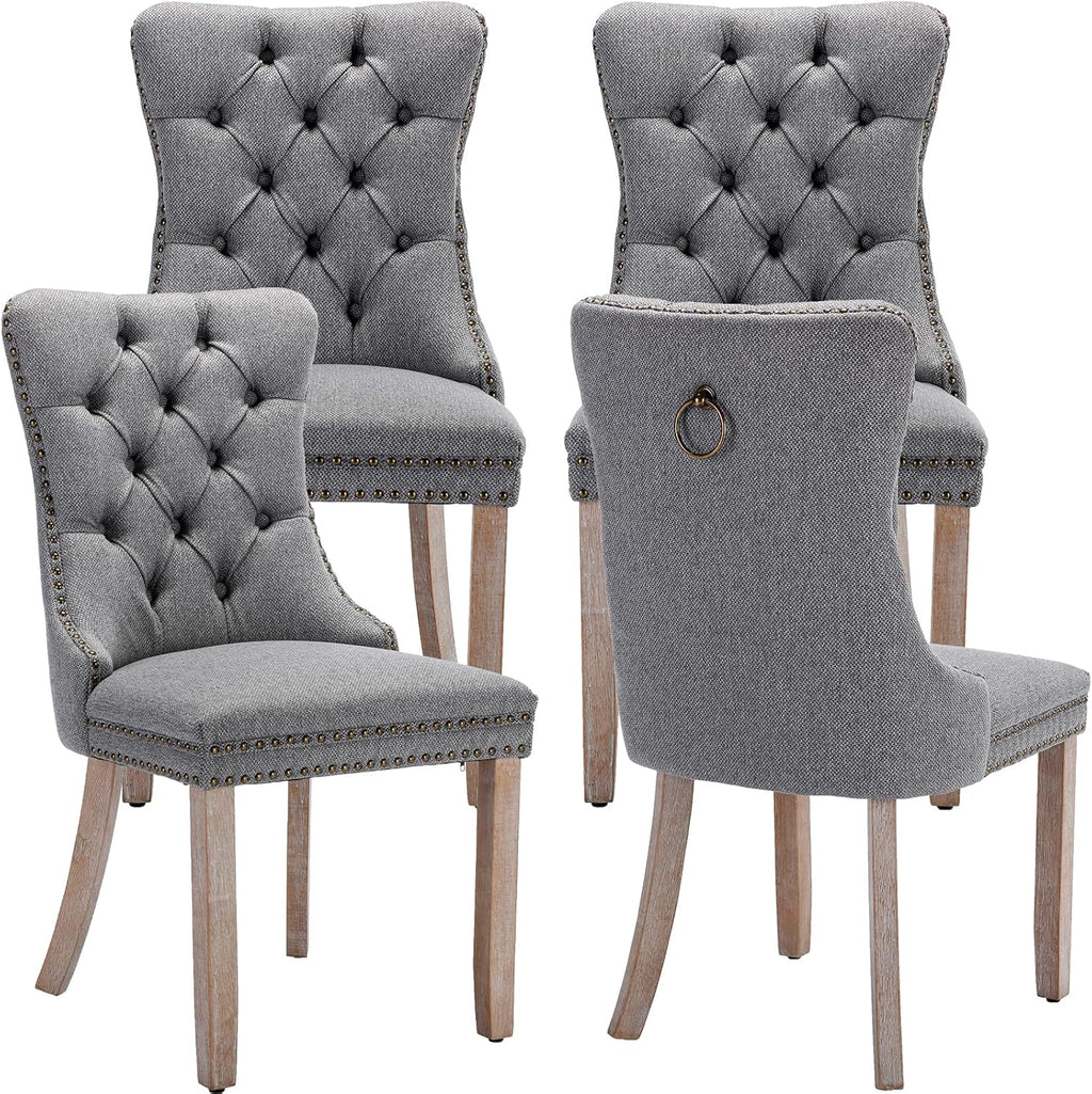 Grey Mid Century Modern Dining Chairs Set of 4, Linen Upholstered Kitchen & Dining Room Chairs with Nailhead Trim & Solid Wood Legs, Elegant Sillas De Comedor (Grey, 4 Pcs)