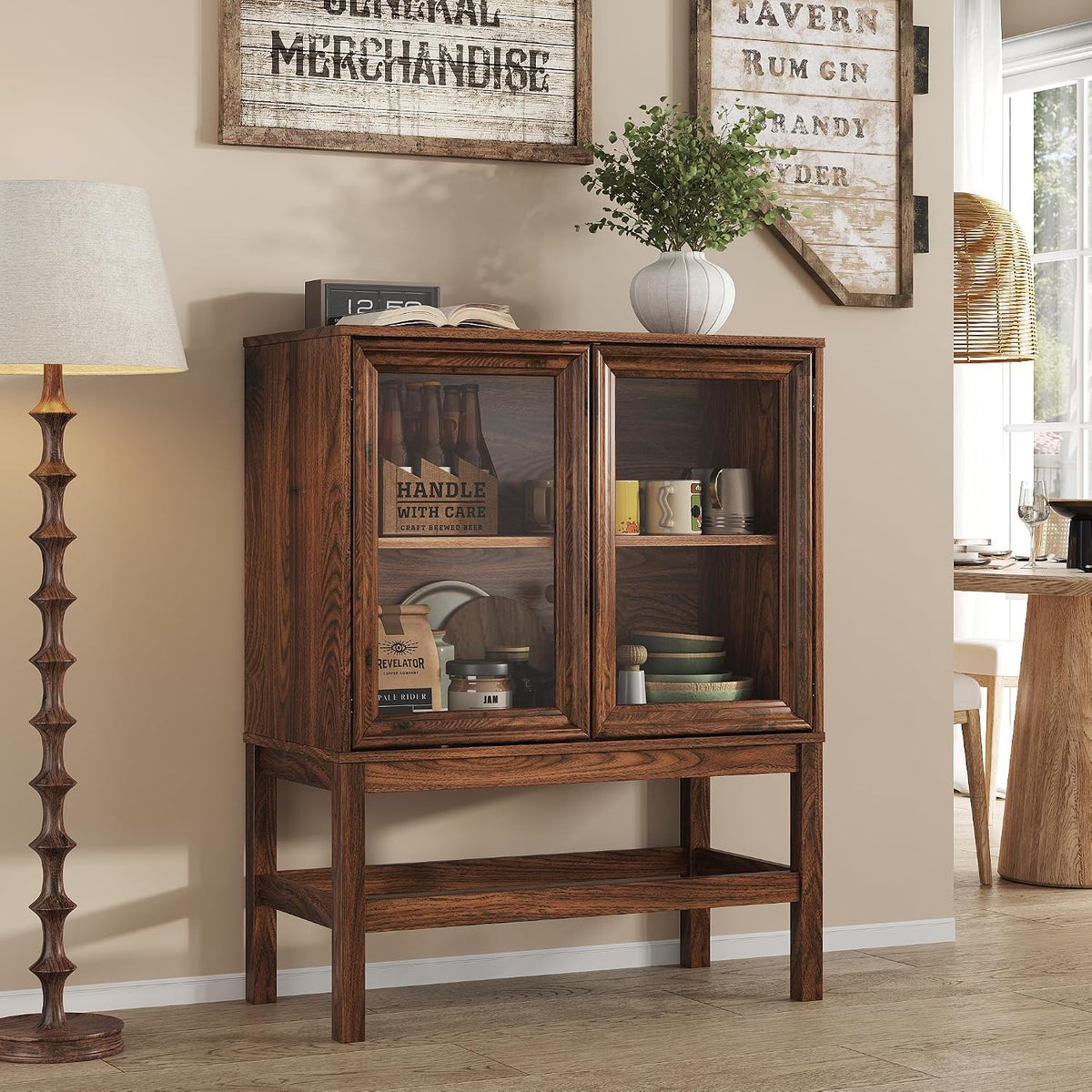 Sideboard Buffet Cabinet with Storage, Small Kitchen Coffee Wine Bar Cabinet with Glass Press-to-Open Doors, Wood Mid Century Modern Side Board Table for Dining Room, Living Room, Walnut