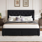 GarveeHome King Size Bed Frame with 2 Drawers, Velvet Headboard, Black