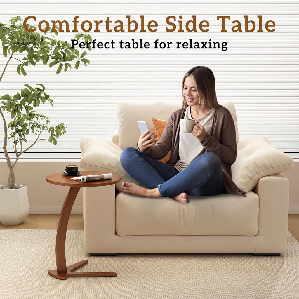 Couch Tables that Slide Under: 15 '' Modern C Shaped End Table Nightstand with Natural Solid Wood Small Bedside Table for Living Room Bedroom Farmhouse Small Spaces (Medium)