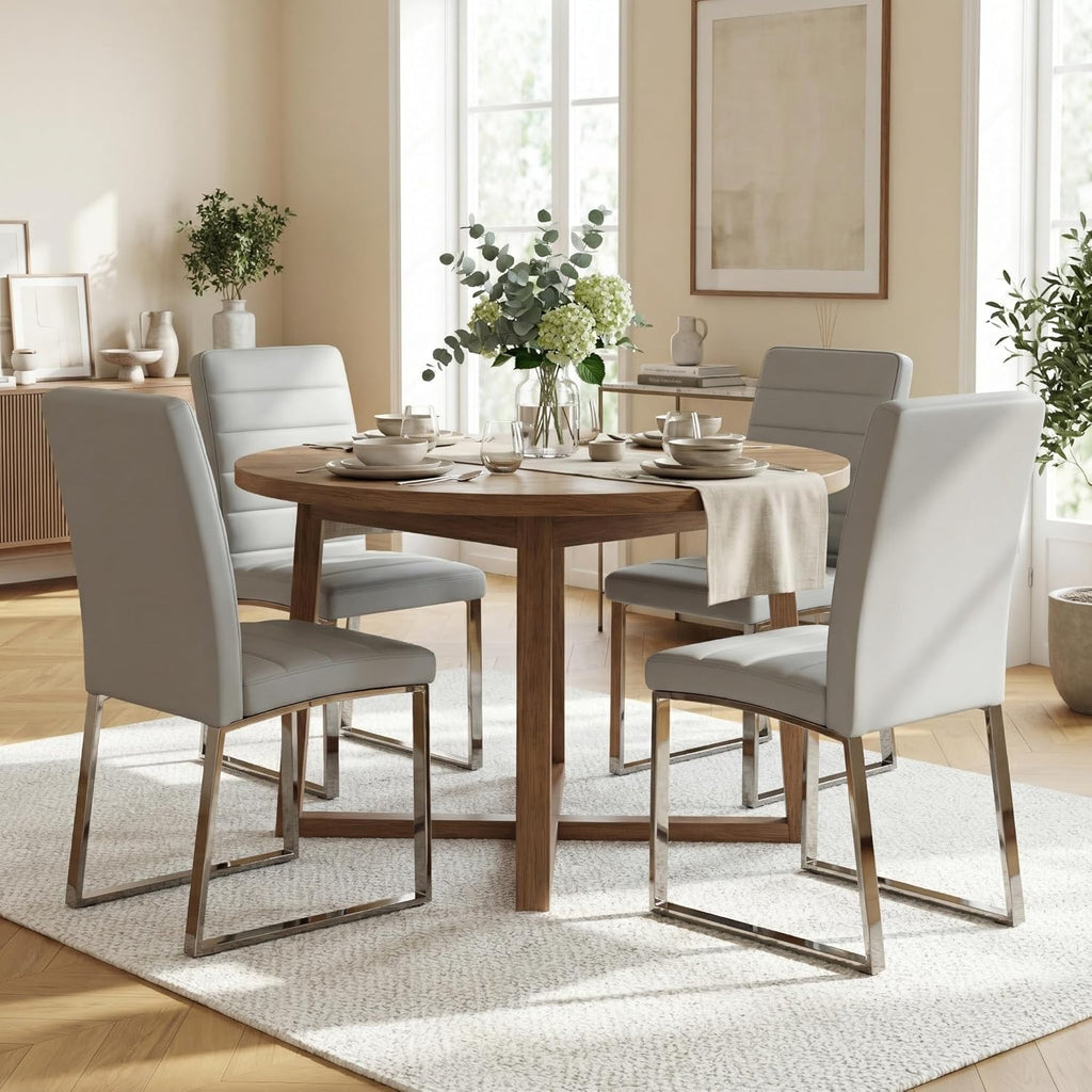 Hommoo Dining Chairs Set of 4, Faux Leather Upholstered Kitchen Chairs, Padded Seat Armless Dining Room Chair with Metal Leg, Modern Dinner Chair for Restaurant Living Room Grey