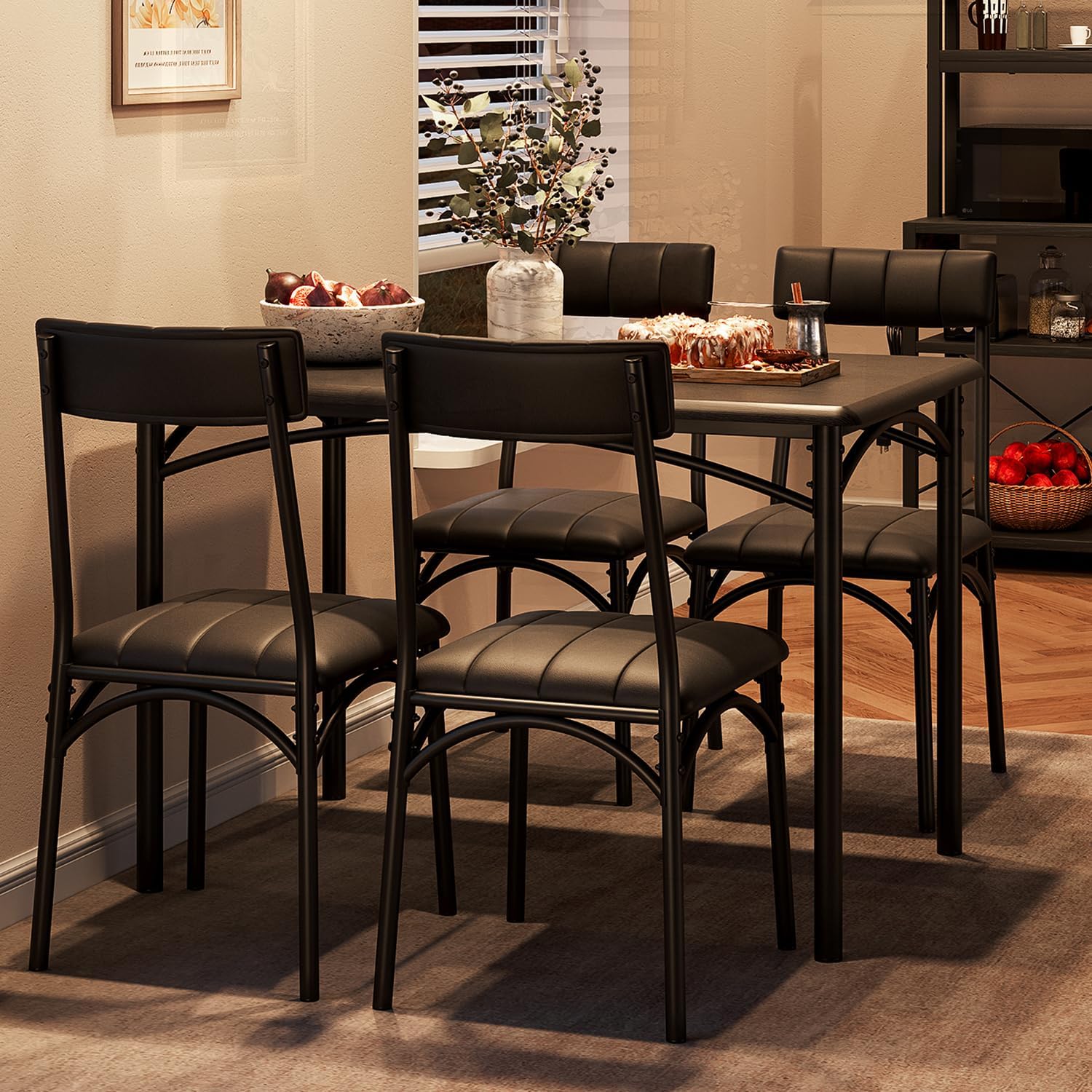 Kitchen Table and Chairs for 4, Rectangular Dining Set with Upholstered Chairs, Perfect for Small Spaces, Rustic Black