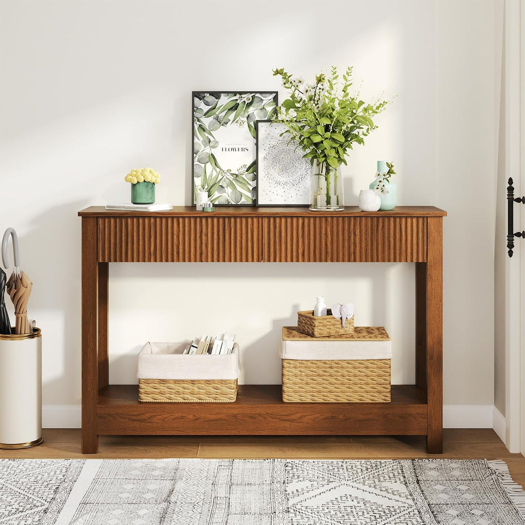 Fluted Entryway Table with 2 Drawers, 47" Console Table for Entryway, Wooden Table with Storage for Living Room, Foyer, Hallway, Office, Brwon