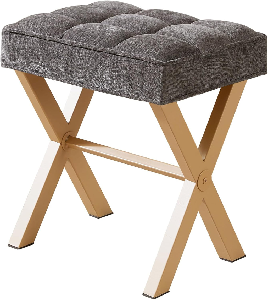 Royal Windsor Vanity Stool,Small Makeup Chair with Metal X Legs | Square Foot Stool,Modern Vanity Chair,Upholstered Vanity Seat for Entryway,Bedroom and Living Room,Dark Grey+Yellow