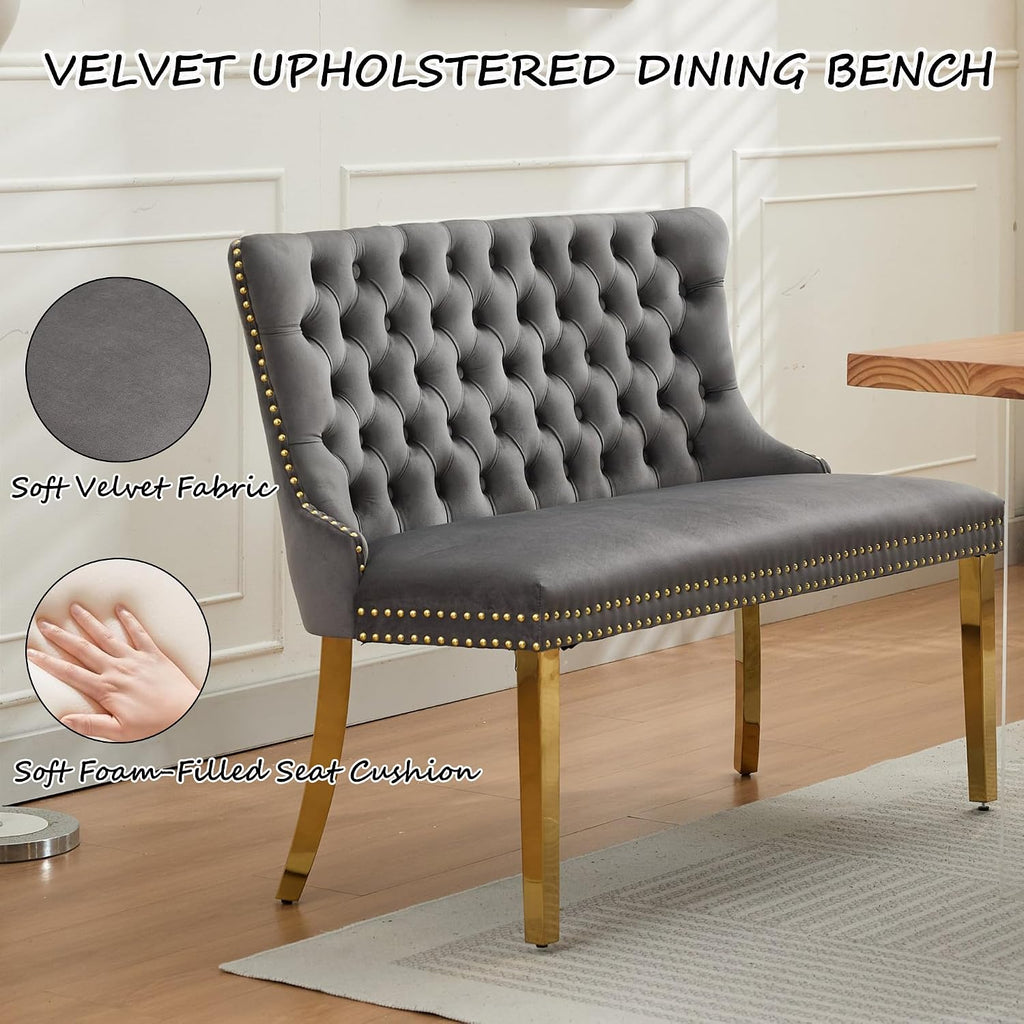 Velvet Upholstered Dining Bench with Back, 45.6'' Tufted Loveseat Bench with Gold Stainless Steel Legs, Mid-Century Modern Banquette Seating for Dining Room, Kitchen, Entryway, Gray