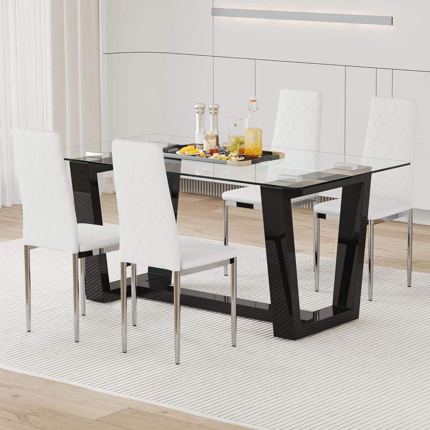 Modern Dining Chairs Set of 4, White PU Leather Kitchen Chairs, Upholstered High Back Chair with Silver Metal Legs for Kitchen, Dining Room, Restaurant