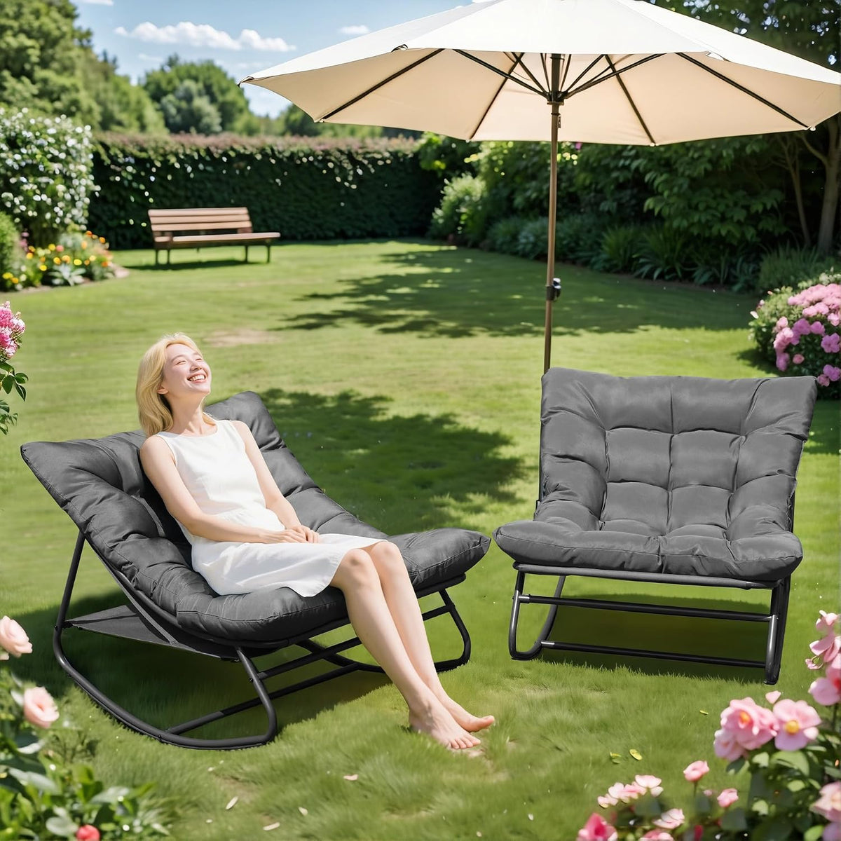 Outdoor & Indoor Oversized Rocking Chairs Set of 2 with Thick Cushions | Metal Frame, Papasan Style, Great for Living Room, Patio, Porch, Garden, Backyard