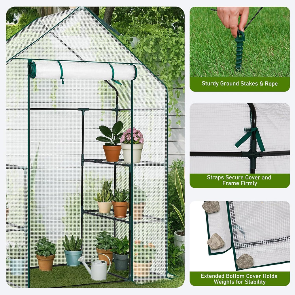 Outvita Walk-in Greenhouse, Outdoor Durable PE Plant Green House for Frost Protection with 3 Tiers 4 Shelves, Shelf Clips, Roll-up Zipper Door, 56"x29"x77" White