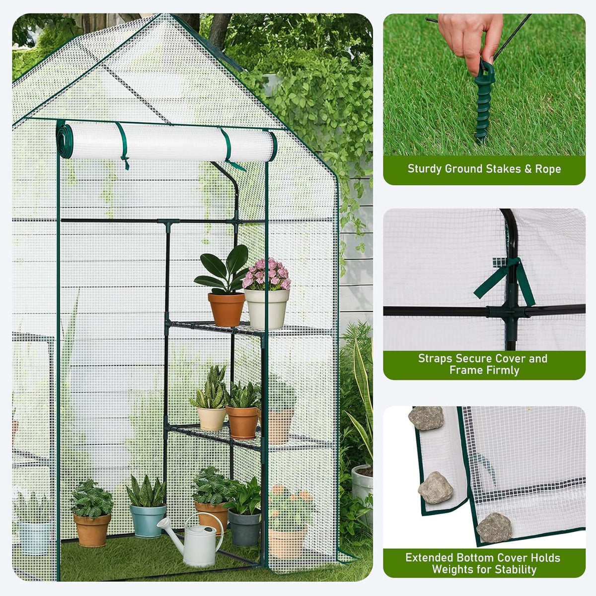 Outvita Walk-in Greenhouse, Outdoor Durable PE Plant Green House for Frost Protection with 3 Tiers 4 Shelves, Shelf Clips, Roll-up Zipper Door, 56"x29"x77" White