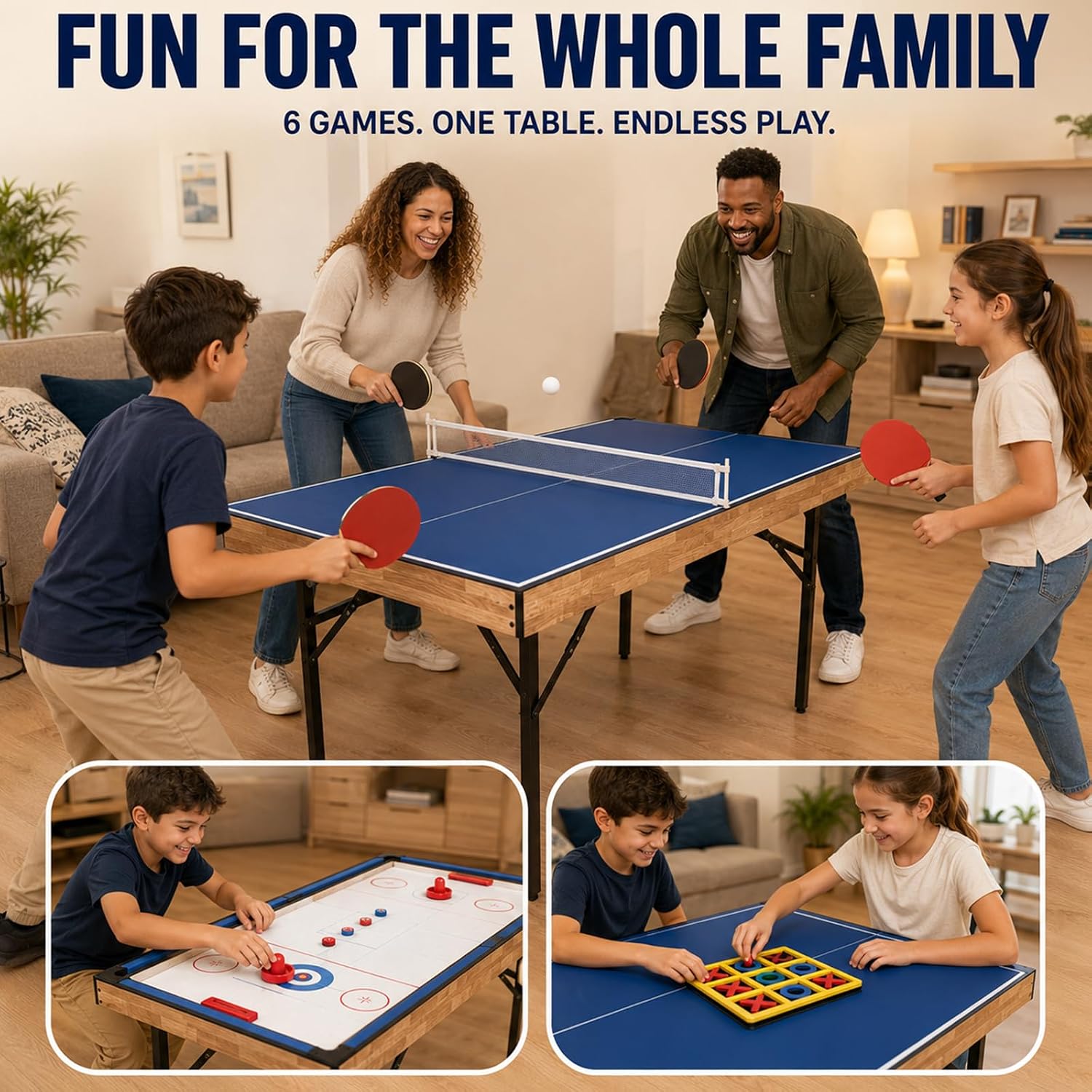 6 in 1 Multi Game Table Folding Pool Table, Billiard, Hockey, Table Tennis, Bowling, Shuffle Board and Tic Tac Toe with All Accessories