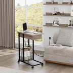 TrailBlaze C-Shaped Side Table with Charging Station, Flip Top End Table with USB Ports and Outlets, Narrow Side Table with 3 Tier Storage Shelf, C Table for Small Spaces, Bedroom, Living Room, Grey