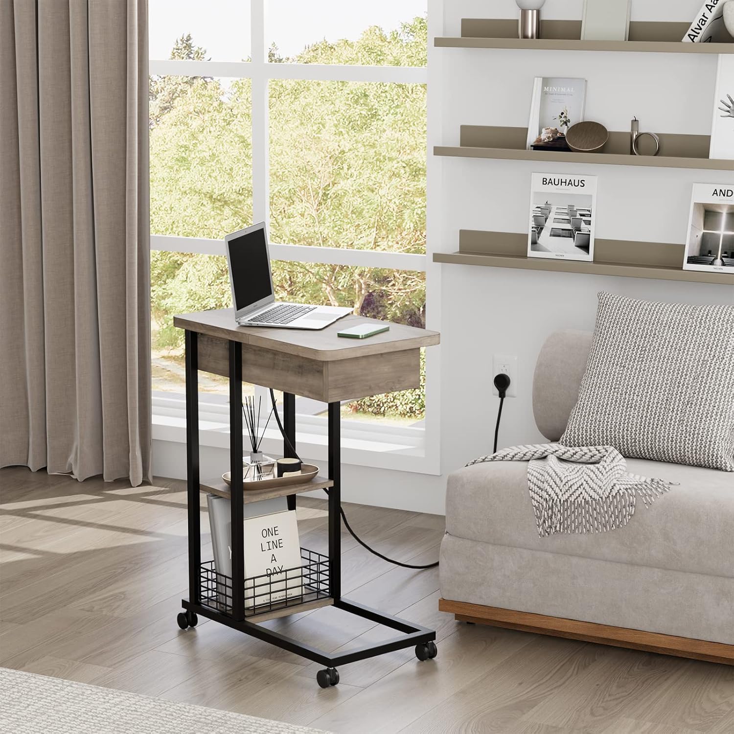 TrailBlaze C-Shaped Side Table with Charging Station, Flip Top End Table with USB Ports and Outlets, Narrow Side Table with 3 Tier Storage Shelf, C Table for Small Spaces, Bedroom, Living Room, Grey