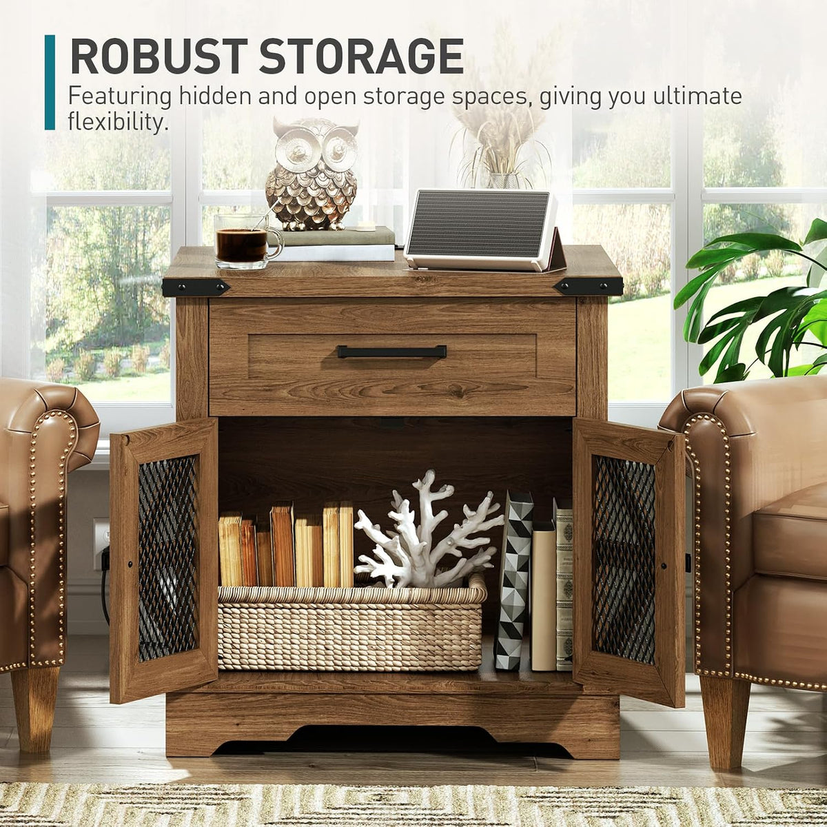 RALGEND Walnut Farmhouse End Table with Charging Station, 24" Large Sofa Side Table with Drawer, Large End Table for Living Room, Wooden Nightstand with Outlet, Square, Walnut