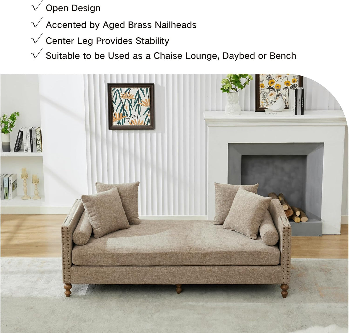 Chifee & Vingol 75.2" W Retro Oversized Chaise Lounge Chair Indoor with Left & Right Armrest,6 Pillows,Solid Wood Legs,Brown