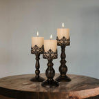 BANOMII Distressed Black Candle Holders for Pillar Candles Set of 3, Vintage Crown Candle Stands for Table Centerpiece Decor, Tall Antique Metal Candle Holder Set for Fireplace Decoration, Ideal Gift