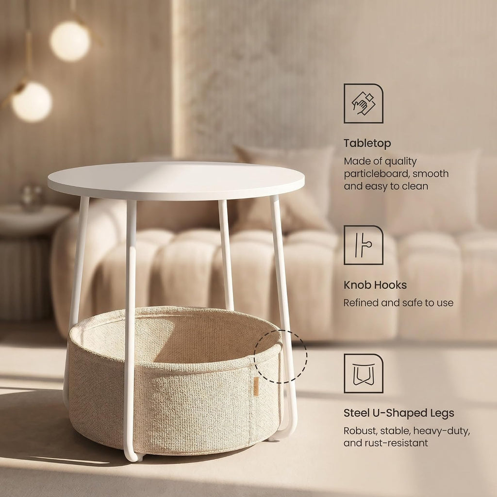 Nordic Minimalist Round Side Table with Reinforced U-Shaped Steel Frame, High-Strength Particleboard Top and Wrinkle-Resistant Double-Layer Polyester Fabric Storage Basket
