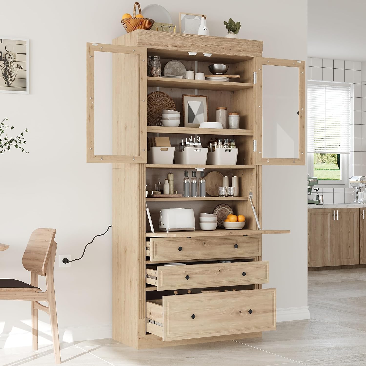 Merax 78" Pantry Cabinet with Charging Station, Farmhouse Kitchen Pantry Cabinet with Microwave Stand, Versatile Storage Cabinet for Kitchen, Dining Room, Natrual