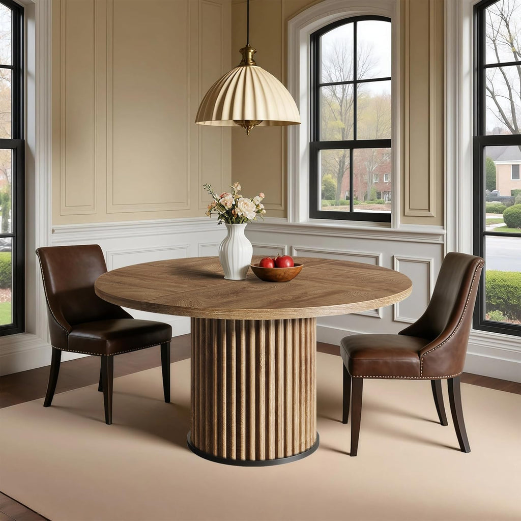 Oigavfd Black Round Dining Table for 4-6 People 47" Circle Dining Table with MDF Top and Fluted Base Round Kitchen Tables Sturdy 300 Lbs for Family Gatherings (Brown)