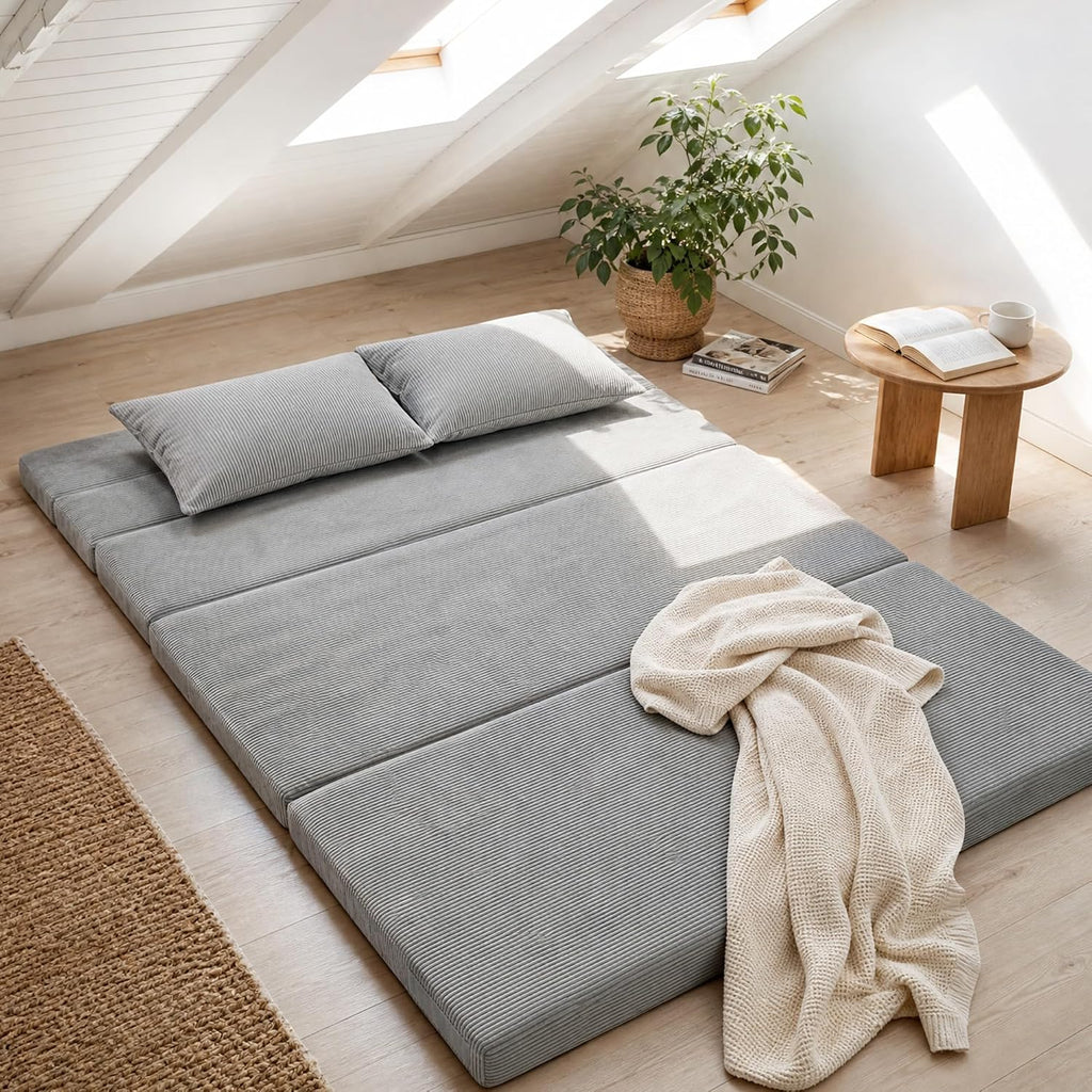 Tri-Fold Futon Mattress, Foldable Japanese Floor Sleep Mattress, High-Density Foam Tatami Bed Mat with Corduroy Cover, Floor Bed Mat for Couples, Guest Use (Charcoal Gray,Queen)