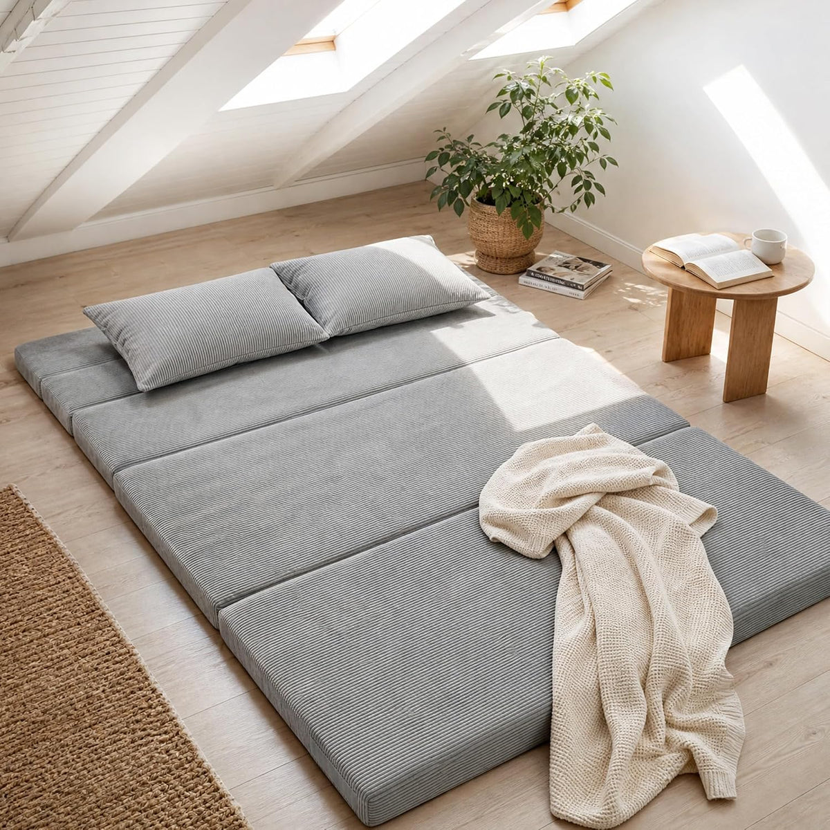 Tri-Fold Futon Mattress, Foldable Japanese Floor Sleep Mattress, High-Density Foam Tatami Bed Mat with Corduroy Cover, Floor Bed Mat for Couples, Guest Use (Charcoal Gray,Queen)