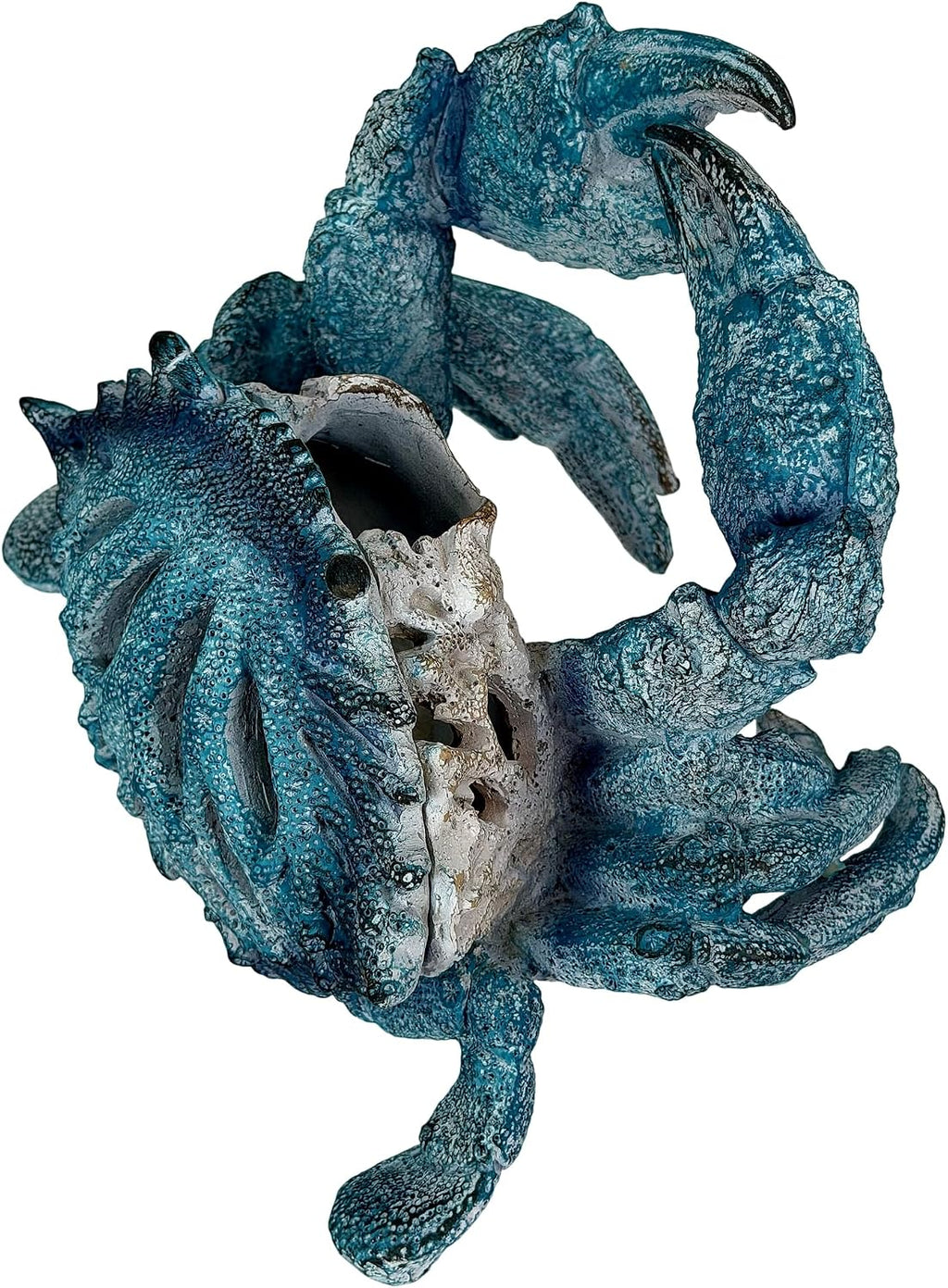 Crab Wine Bottle Holder, 8 Inch Turquoise Resin with Coral-Look Center | Raised Claws, Shell Ridges, Textured Legs, Distressed Whitewashed Finish, Open Center for Angled Display