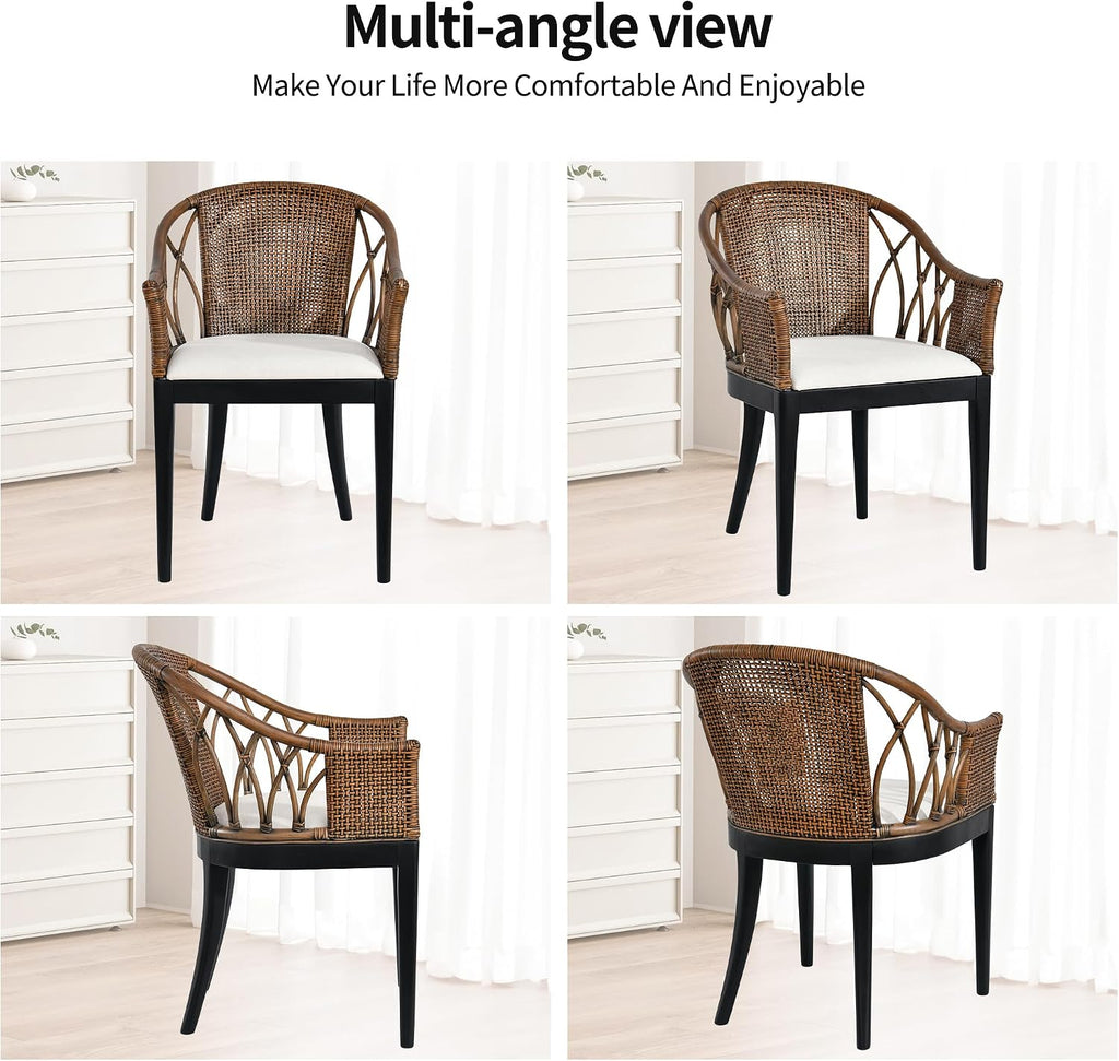 DUHOME Wood Rattan Arm Accent Chair Natural Wash/White Cushion Side Armchair Gianni Brown & Black Solid Living Room Chair for Living Room Bedroom Office Foyer Arm Chair