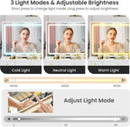 Glass Top Vanity Desk with Mirror and Lights, Crystal Knobs Makeup Vanity with 3 Drawers and Charging Station, Adjustable Lighting Color Dressing Table, Silent Slides, White