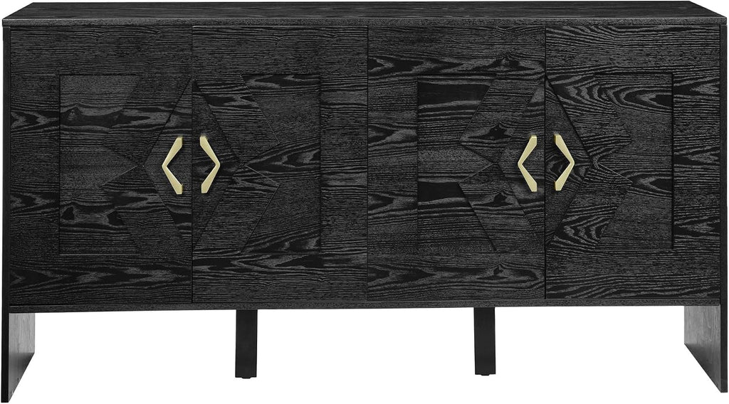 Mid Century Modern Sideboard Buffet Cabinet and TV Media Console 60 Inch with Geometric Pattern Adjustable Shelves Solid Wood Construction for Living Room Dining Room Kitchen (Black)
