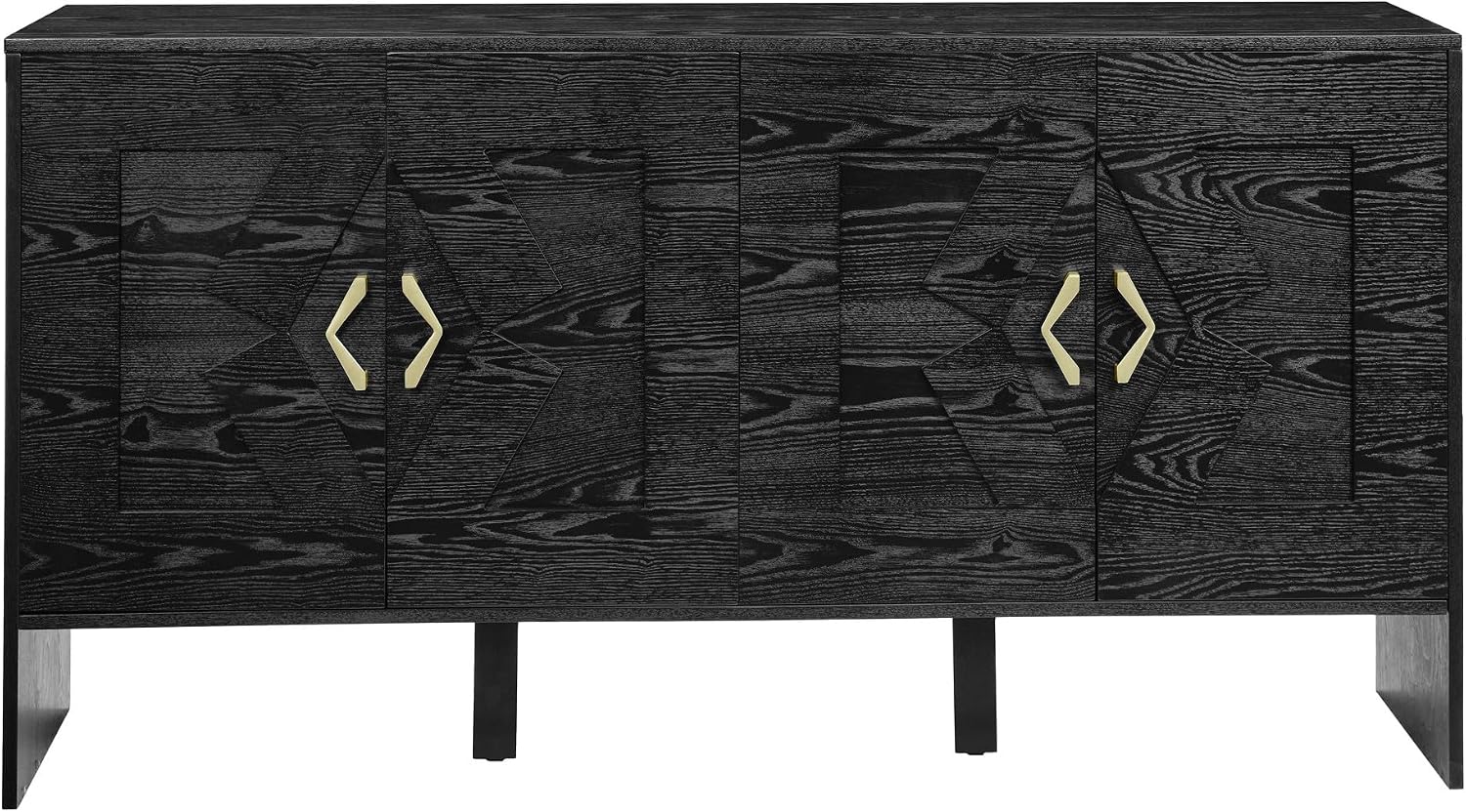 Mid Century Modern Sideboard Buffet Cabinet and TV Media Console 60 Inch with Geometric Pattern Adjustable Shelves Solid Wood Construction for Living Room Dining Room Kitchen (Black)