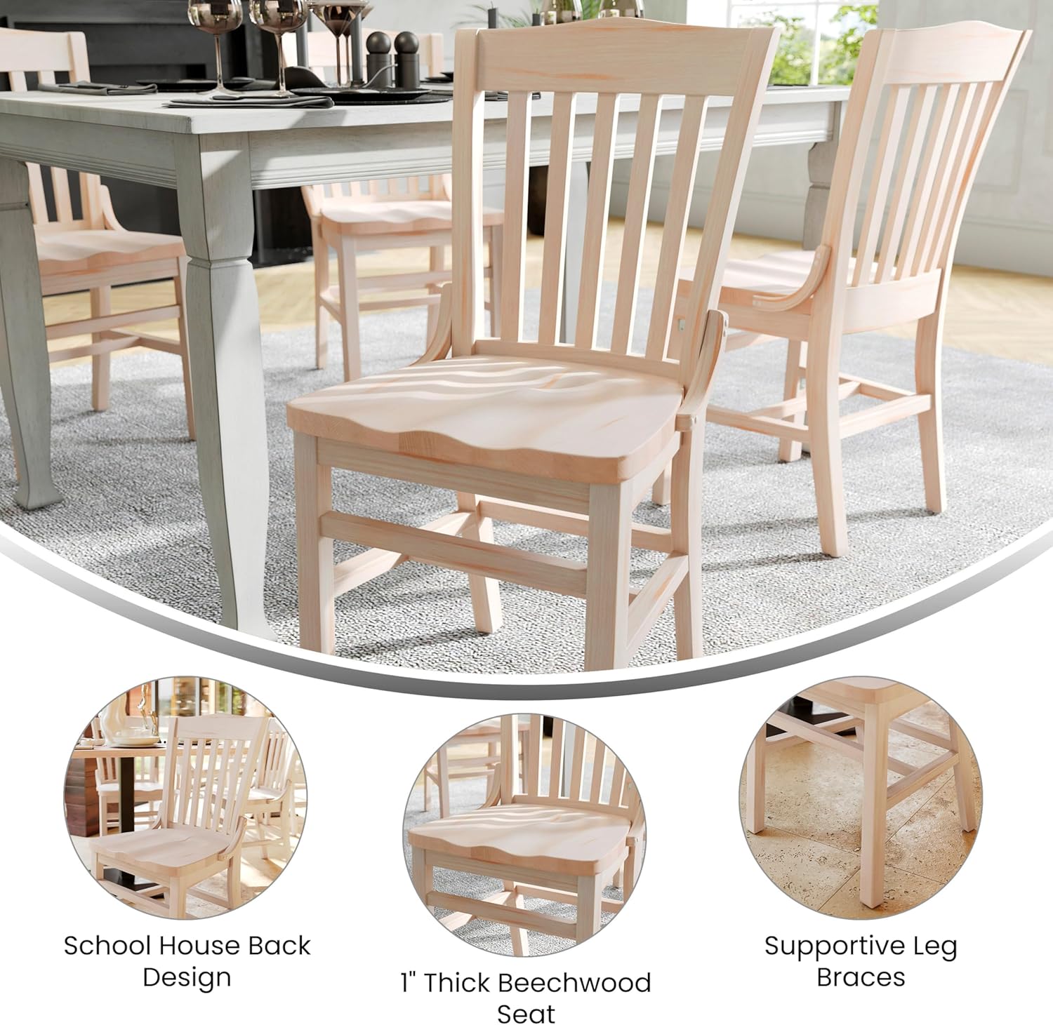 Flash Furniture Hercules School House Back Metal Restaurant Chair - Antique White Wood Seat - Black Frame